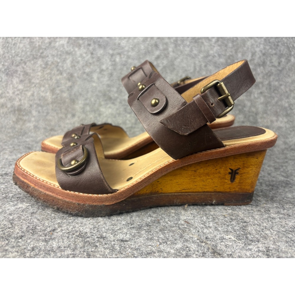 Frye Wedge Sandals Women 8M Brown Leather Studded Buckle Wood Heel 78215